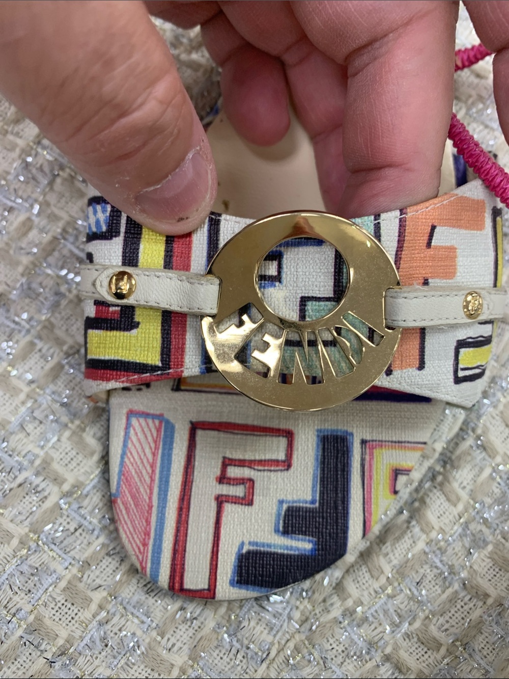 Fendi Multicolor Logo Slide Mules with Pink Rope Strap - Picture 7 of 9